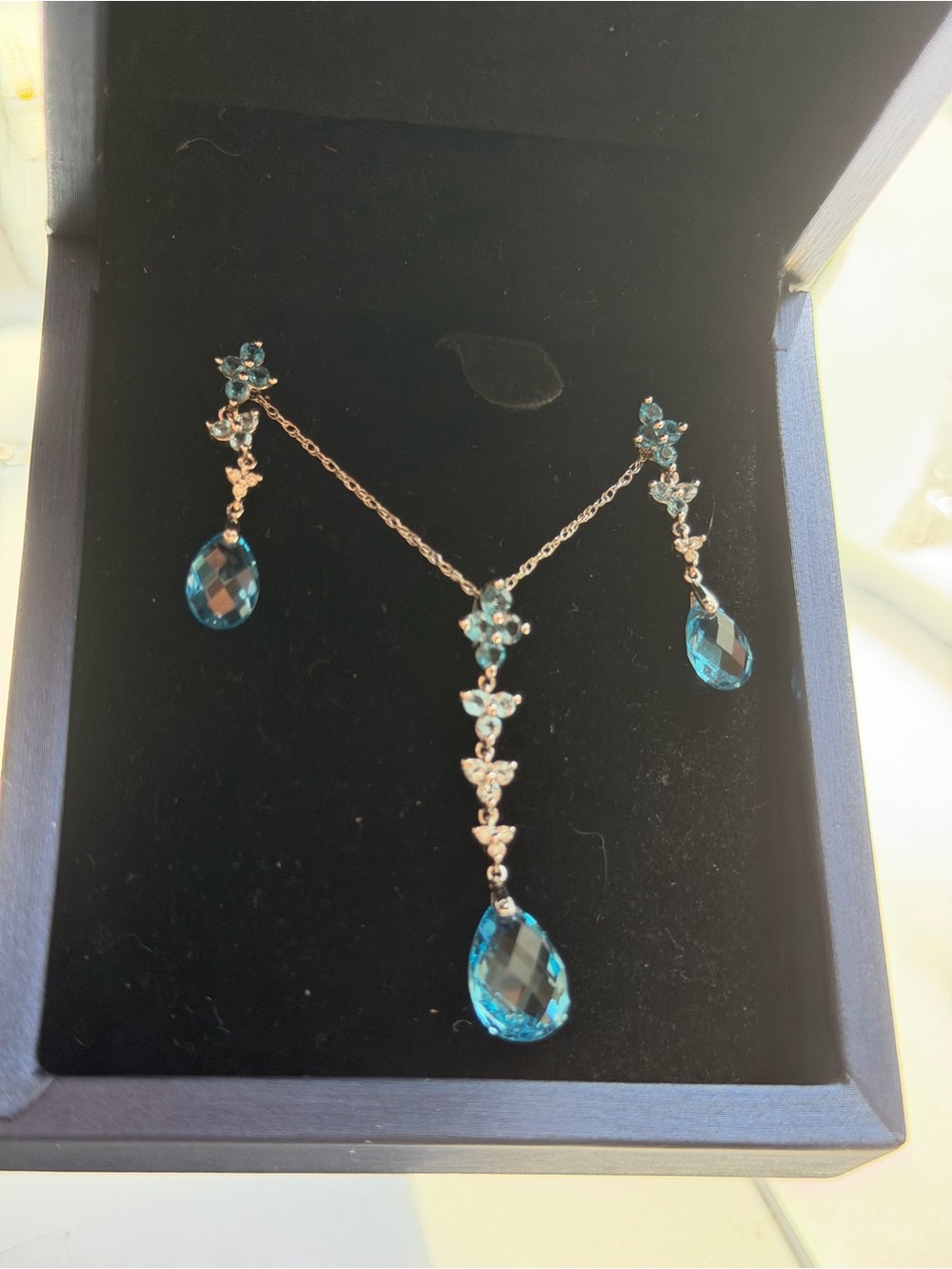 Elegant Teardrop Blue topaze 14k white gold  Necklace and Earrings Set